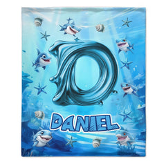 Custom Shark Blanket – Personalized Initial and Name Ocean Blanket – Gift for Kids