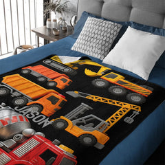 Custom Construction Vehicles Blanket – Personalized Construction Trucks Throw (Custom Name) – Gift for Kids & Toddlers