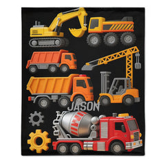 Custom Construction Vehicles Blanket – Personalized Construction Trucks Throw (Custom Name) – Gift for Kids & Toddlers