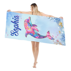Custom Watercolor Sea Animals Towel – Personalized Cute Ocean-Themed Towel – Gift for Girls & Summer Vacations