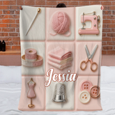 Love Sewing Pink Customized Blanket - Personalized Name - Gift For Her, Sewing Lovers