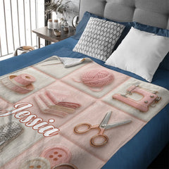 Love Sewing Pink Customized Blanket - Personalized Name - Gift For Her, Sewing Lovers