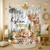 Personalized Baby Blanket | Woodland Animals & Forest Mountain Theme | Custom Name Keepsake