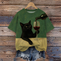 Black Cat With Wine Glass Unisex T-Shirt