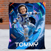 Custom Kids Astronaut Blanket – Personalized Space Surf Adventure Photo Blanket