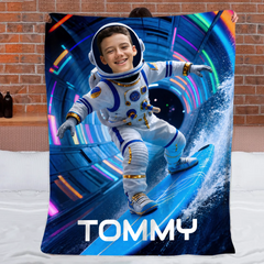 Custom Kids Astronaut Blanket – Personalized Space Surf Adventure Photo Blanket