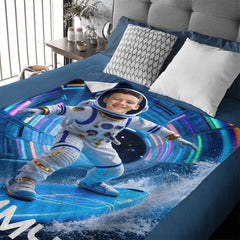 Custom Kids Astronaut Blanket – Personalized Space Surf Adventure Photo Blanket