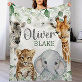 Safari Animals Baby Blanket, Jungle Greenery Eucalyptus Leaves Personalized Boy Girl Name Blanket
