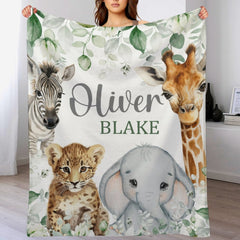 Safari Animals Baby Blanket, Jungle Greenery Eucalyptus Leaves Personalized Boy Girl Name Blanket