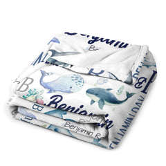 Personalized Ocean Animals Baby Blanket - Personalized Whale Name Blanket - Whales Baby Blanket