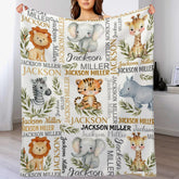 Watercolor Safari Animal Personalized Name Baby Blanket