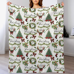 Personalized Christmas Wreath Baby Blanket - Custom Name Flannel Throw, Warm Holiday Gift for Babies & Kids