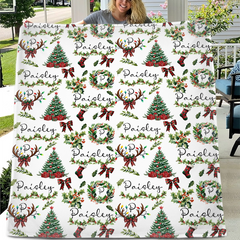 Personalized Christmas Wreath Baby Blanket - Custom Name Flannel Throw, Warm Holiday Gift for Babies & Kids