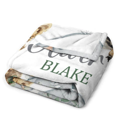 Safari Animals Baby Blanket, Jungle Greenery Eucalyptus Leaves Personalized Boy Girl Name Blanket