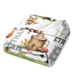 Personalized Woodland Animals Deer, Foxs Kids Baby Name Blanket