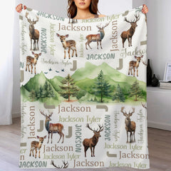 Personalized Woodland Deer Name Pattern Baby Blanket