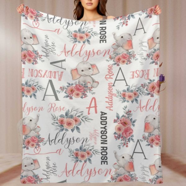 Personalized Custom Name Baby Girl Elephant Blanket - Baby Gift - Lovscape