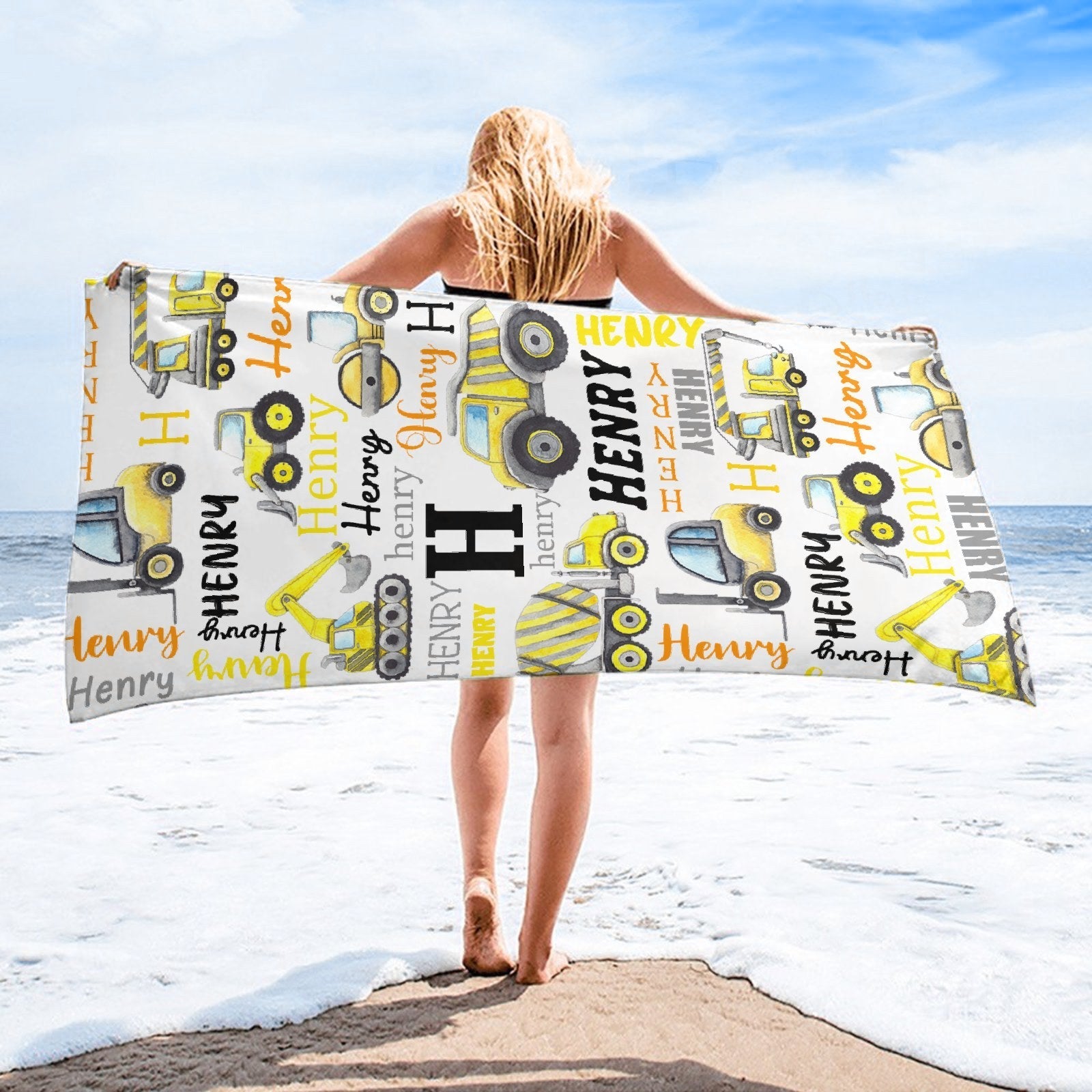 Personalized Name Construction Beach Towel - Gift For Baby Birthday - Lovscape