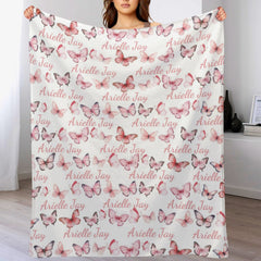 Personalize Newborn Baby Girl Name Floral Blanket - Pink Butterfiy Swaddle Blanket - Baby Shower Gift