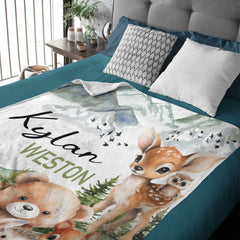 Personalized Baby Blanket | Woodland Animals & Forest Mountain Theme | Custom Name Keepsake
