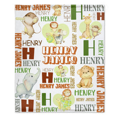 Personalized Baby Blankets for Boys with Name,  Custom Animal - Gift Baby, Cute Monkey, Turtle, Lion And Elephant Jungle Blanket