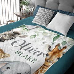 Safari Animals Baby Blanket, Jungle Greenery Eucalyptus Leaves Personalized Boy Girl Name Blanket