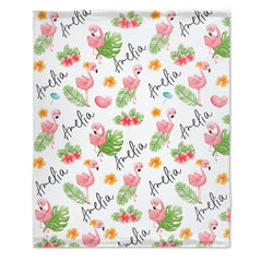 Flamingo Baby Swaddle Personalized Baby Girl Blanket - Custom Name Blanket - Baby Shower Gift Blanket