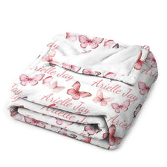 Personalize Newborn Baby Girl Name Floral Blanket - Pink Butterfiy Swaddle Blanket - Baby Shower Gift