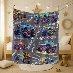 Personalized Custom Name Monster Trucks Blankets Blanket for Kids
