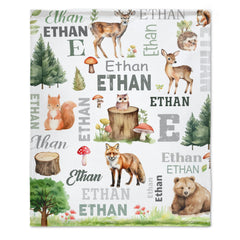Personalized Woodland Animals Deer, Foxs Kids Baby Name Blanket
