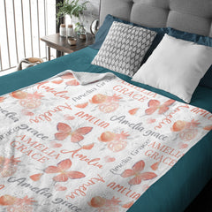 Livraison gratuite✈️Couverture personnalisée avec nom de bébé fille, motif floral corail papillon
