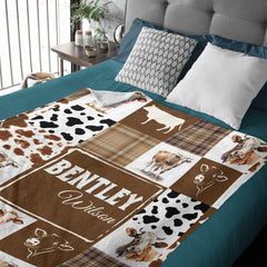 Personalized Cowboy Baby Blanket | Western Cow Print & Plaid Design | Custom Name Baby Gift