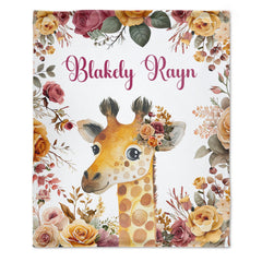 Personalized Floral Giraffe Baby Animals Blanket