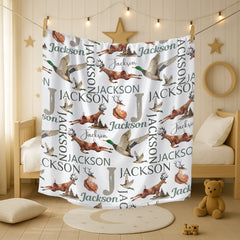 Personalized Woodland Baby Blanket | Deer, Duck & Hunting Theme | Custom Name Baby Gift