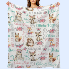 Livraison gratuite✈️Couverture personnalisée avec nom d'animaux des bois pour bébé - Cadeau pour bébé 