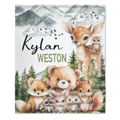 Personalized Baby Blanket | Woodland Animals & Forest Mountain Theme | Custom Name Keepsake