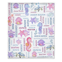 Custom Name Underwater Seahorse Coral Pearl Baby Blanket