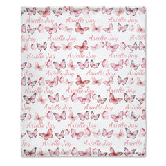 Personalize Newborn Baby Girl Name Floral Blanket - Pink Butterfiy Swaddle Blanket - Baby Shower Gift