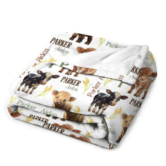 Personalized Farm Animal Baby Blanket | Cow & Calf Woodland Theme | Custom Name Keepsake