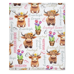 Personalized Highland Cow Baby Blanket | Floral Cow & Tulip Design | Custom Name Nursery Gift