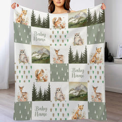Personalize Woodland Style Blanket-Custom Baby Name Blanket - Sage Green Woodland