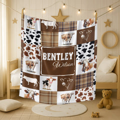 Personalized Cowboy Baby Blanket | Western Cow Print & Plaid Design | Custom Name Baby Gift