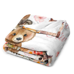 Livraison gratuite✈️Couverture personnalisée pour bébé fille avec animaux de la forêt, couverture avec nom floral de la forêt