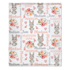 Personalized Baby Girl Blanket Coral Floral Bunny Baby Blanket