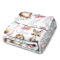 Livraison gratuite✈️Couverture personnalisée avec nom d'animaux des bois pour bébé - Cadeau pour bébé 