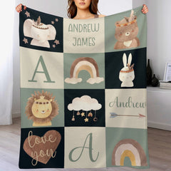Boho Custom Name Animal Rainbow And Star Baby Boy Name Blanket - Baby Boy Elephant Nursery Gift