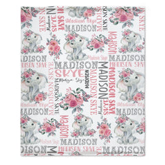 Flower Elephant Baby Girl Name Custom Blanket