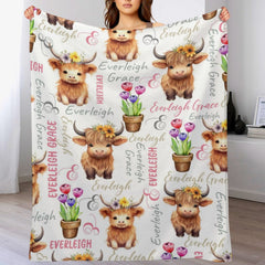 Personalized Highland Cow Baby Blanket | Floral Cow & Tulip Design | Custom Name Nursery Gift