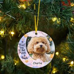 Je vous woof jusqu'à la lune et retour - Ornement de cercle acrylique personnalisé pour les amoureux des chiens