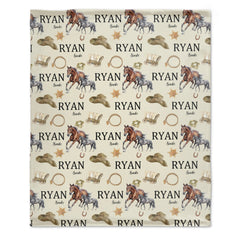 Personalized Cowboy Baby Blanket | Western Ranch Theme with Horses, Boots & Lassos | Custom Name Blanket